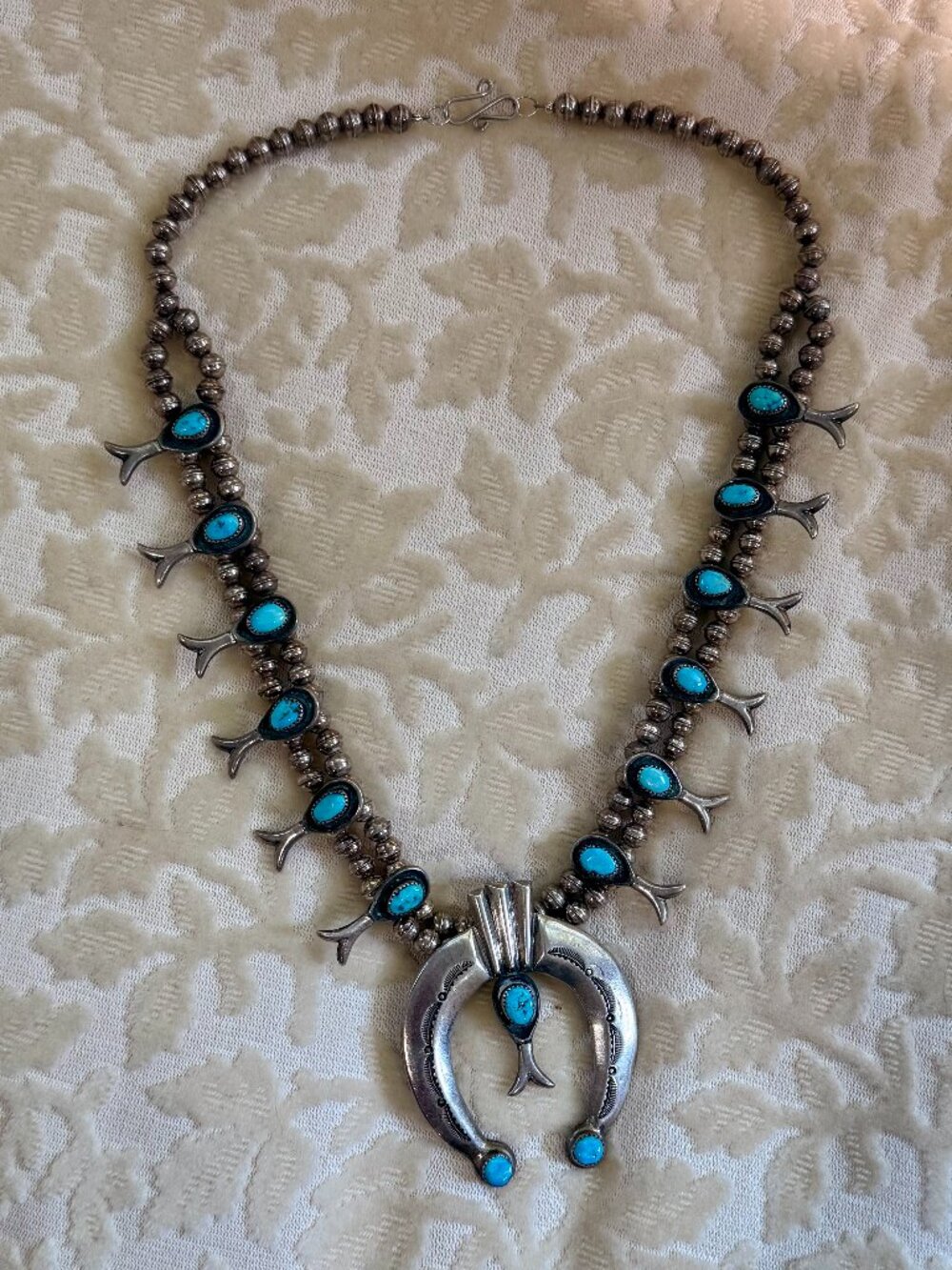 Vintage Navajo Squash Blossom Necklace Sterling Silver 15 Turquoise Handmade